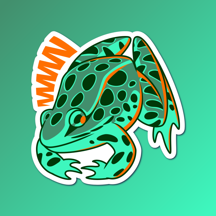 An abstract flat color illustration of a northern leopard frog, with a teal-green and orange color scheme