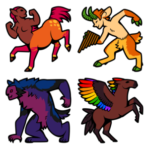 A collection of abstract square icons featuring mythological creatures: a vampire, centaur, satyr, winged serpent, mermaid, werewolf, pegasus, and cerberus. Each has a different dominant color or colors of the progress pride flag.