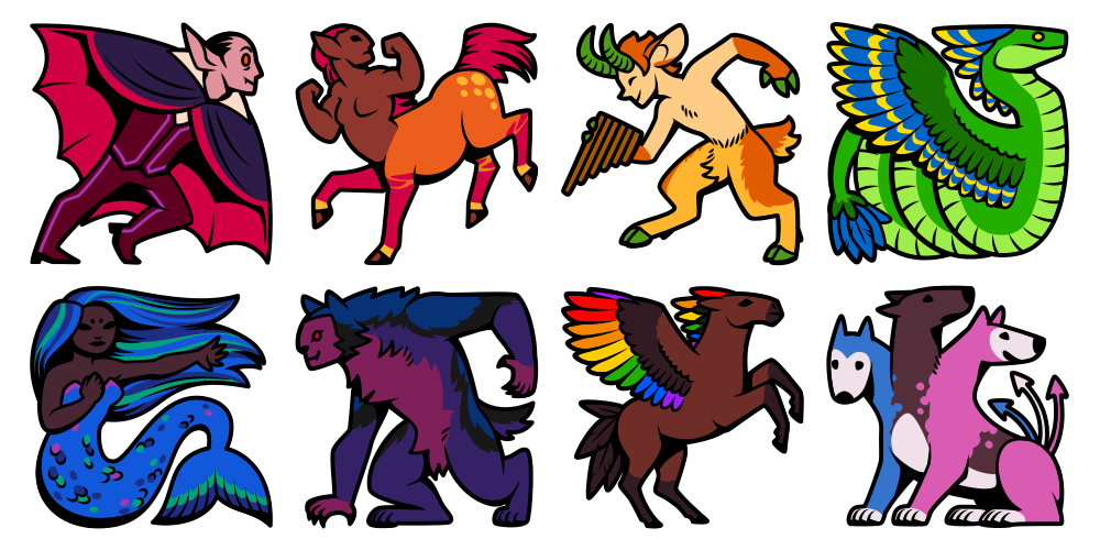 A collection of abstract square icons featuring mythological creatures: a vampire, centaur, satyr, winged serpent, mermaid, werewolf, pegasus, and cerberus. Each has a different dominant color or colors of the progress pride flag.