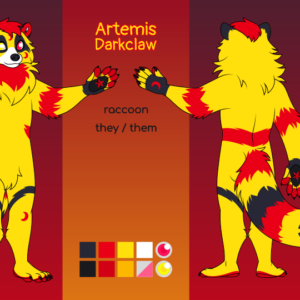 Artemis Darkclaw is a yellow, red, and black anthro raccoon. They have black mask markings over their eyes, a tail striped in all three colors, and other assorted stripes on their arms, legs, and back. On their face, hands, and legs are red markings shaped like stars and crescent moons. Their left eye is red and their right eye is yellow.