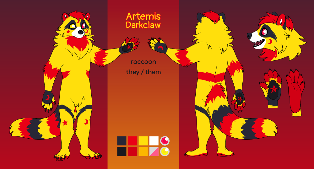 Artemis Darkclaw is a yellow, red, and black anthro raccoon. They have black mask markings over their eyes, a tail striped in all three colors, and other assorted stripes on their arms, legs, and back. On their face, hands, and legs are red markings shaped like stars and crescent moons. Their left eye is red and their right eye is yellow.