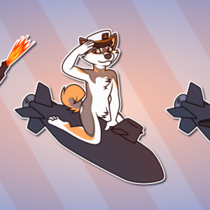 A collection of Telegram stickers of an anthro husky/German shepherd. In them, he's drawn as the cartoon character Yosemite Sam and fires guns into the air; and rides a small submarine while saluting and wearing a skipper's hat. Another version of the latter has him wearing a sexy seaman costume.