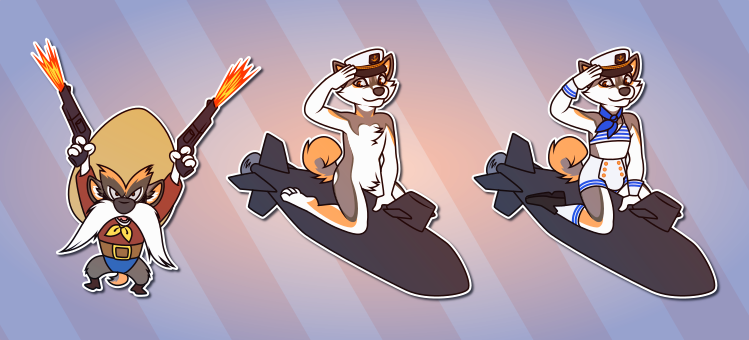 A collection of Telegram stickers of an anthro husky/German shepherd. In them, he's drawn as the cartoon character Yosemite Sam and fires guns into the air; and rides a small submarine while saluting and wearing a skipper's hat. Another version of the latter has him wearing a sexy seaman costume.