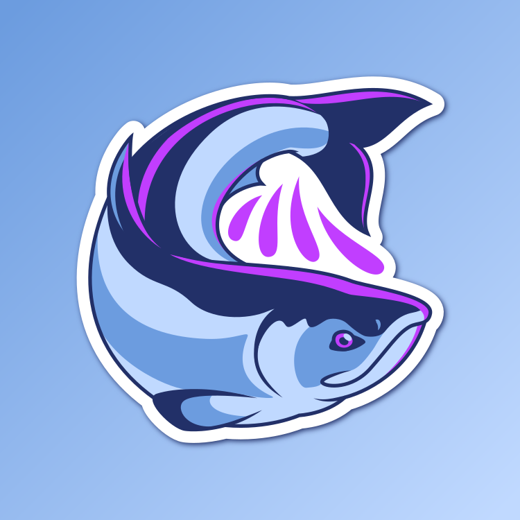 An abstract flat color illustration of a sockeye salmon, with a periwinkle and purple color scheme