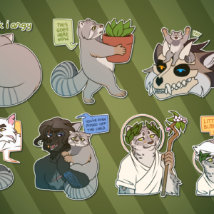 Telegram stickers of an anthro cat character with multiple forms. He appears as a small, fluffy Pallas cat, curled up and facing away saying "nu talk, I angy"; carrying away a potted plant while saying "this goes here now"; sits on the head of a large undead and annoyed-looking wolf beast, while saying "yay"; nonchalantly pokes a live hand grenade with a spoon while an anthro white wolf character laughs from a distance; sits in the arm of a different anthro wolf who says "you've even pissed off the child" while both look annoyed; holds a staff and wears a toga and laurel wreath, looking serene in his more majestic snow leopard form; and looks annoyed in his snow leopard form as the anthro white wolf rests an elbow on his head and calls him "little buddy".