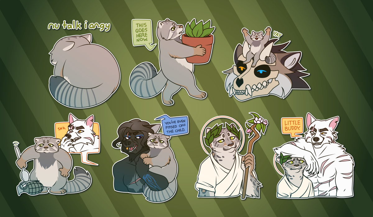 Telegram stickers of an anthro cat character with multiple forms. He appears as a small, fluffy Pallas cat, curled up and facing away saying "nu talk, I angy"; carrying away a potted plant while saying "this goes here now"; sits on the head of a large undead and annoyed-looking wolf beast, while saying "yay"; nonchalantly pokes a live hand grenade with a spoon while an anthro white wolf character laughs from a distance; sits in the arm of a different anthro wolf who says "you've even pissed off the child" while both look annoyed; holds a staff and wears a toga and laurel wreath, looking serene in his more majestic snow leopard form; and looks annoyed in his snow leopard form as the anthro white wolf rests an elbow on his head and calls him "little buddy".