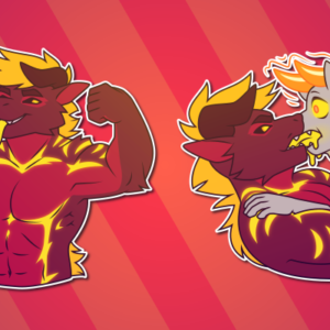 Telegram stickers of an anthro wingless, maned dragon. In them, he flexes his muscles and breathes a puff of flame while sticking out a long glowing tongue; and makes out with another character, whose eyes start glowing and who grows glowing dragon horns as the dragon forces his long tongue down their throat.