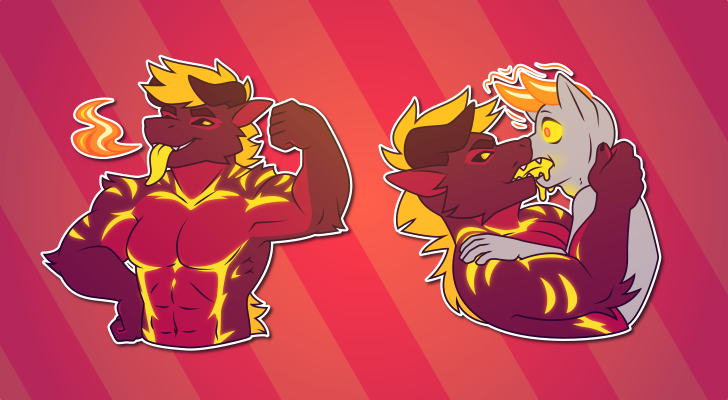 Telegram stickers of an anthro wingless, maned dragon. In them, he flexes his muscles and breathes a puff of flame while sticking out a long glowing tongue; and makes out with another character, whose eyes start glowing and who grows glowing dragon horns as the dragon forces his long tongue down their throat.