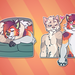 Telegram stickers of an anthro fox/wolf hybrid and his cat husband. In them, the two sleep on a couch with the folf resting his head on the cat's chest; and they stand side by side holding hands as the cat winks and wraps his tail around the folf's waist.