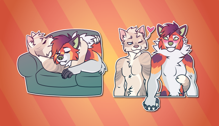 Telegram stickers of an anthro fox/wolf hybrid and his cat husband. In them, the two sleep on a couch with the folf resting his head on the cat's chest; and they stand side by side holding hands as the cat winks and wraps his tail around the folf's waist.