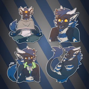 Telegram stickers of an anthro dragon/wolf hybrid. In them, he wears his poncho and sits in a meditating pose as a glowing third eye opens on his forehead; looks eager and excited with starry eyes; looks excited while holding a leash in his mouth and wagging his tail; and sleeps serenely curled up on his side.