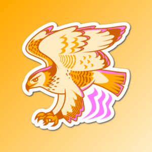 An abstract flat color illustration of a ferruginous hawk, with a gold and pink color scheme
