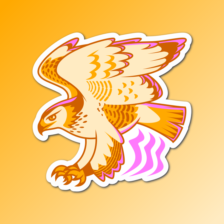 An abstract flat color illustration of a ferruginous hawk, with a gold and pink color scheme