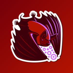 An abstract flat color illustration of a little brown bat, with a deep red and light purple color scheme