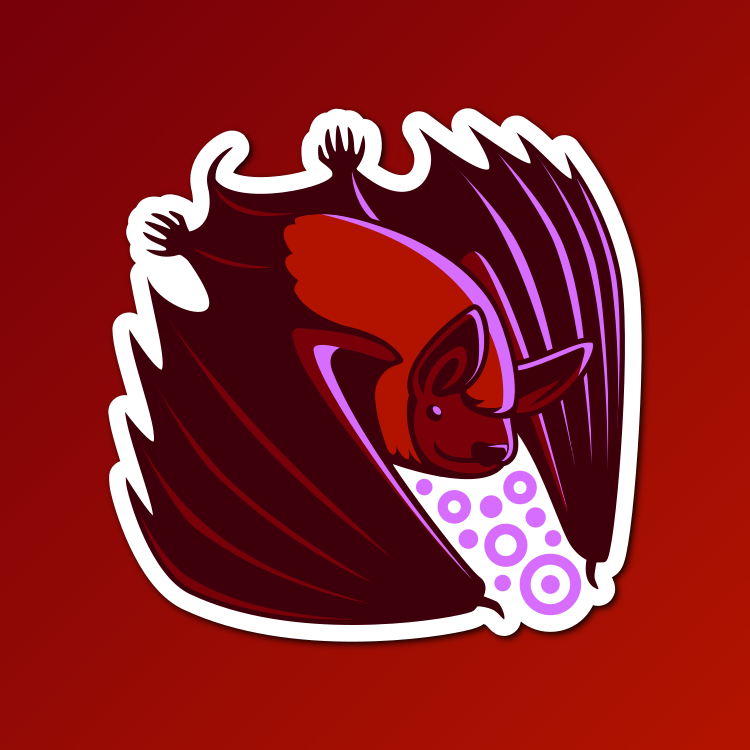 An abstract flat color illustration of a little brown bat, with a deep red and light purple color scheme