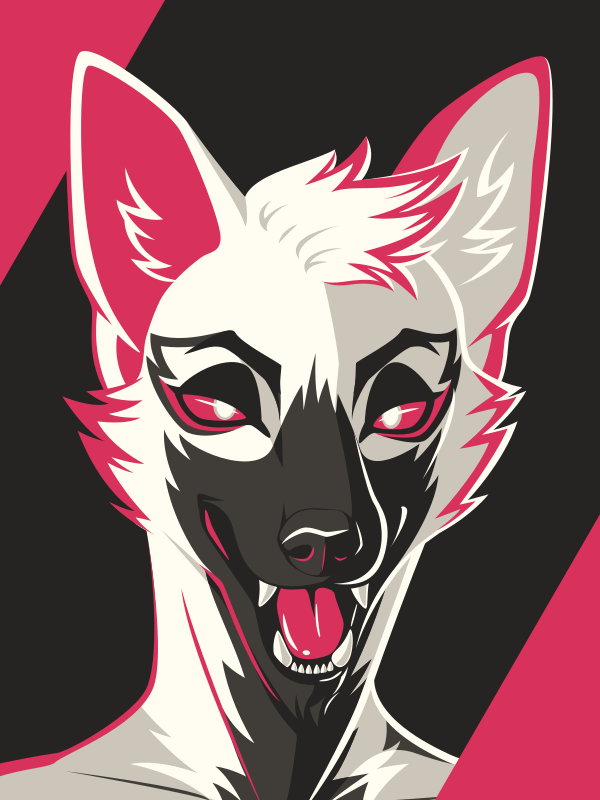 A vector portrait of a lanky anthro wolf, drawn in flat colors: white, light gray, dark gray, black, and red