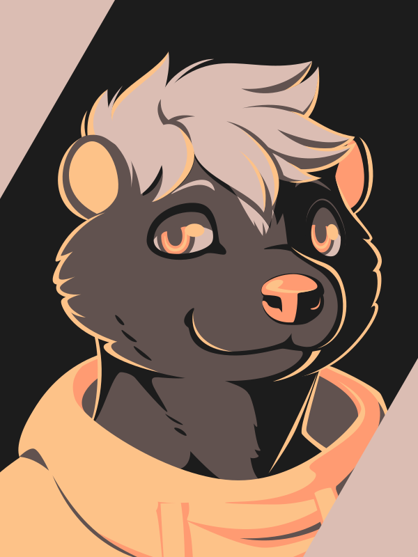 A vector portrait of an anthro skunk wearing a hoodie, drawn in flat colors: dark, medium, and light brown; yellow; and pink-orange