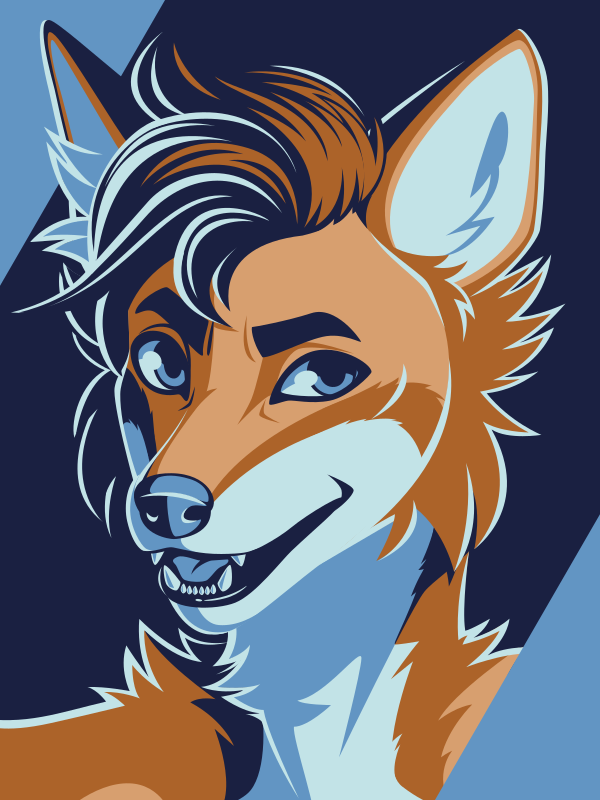 A vector portrait of an anthro coyote, drawn in flat colors: dark, medium, and light blues; and medium and light orange-brown