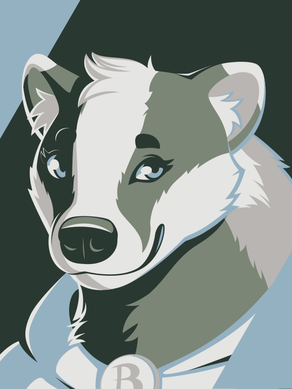 A vector portrait of an anthro badger, drawn in flat colors: dark green, sage green, dusty blue, light beige, and white