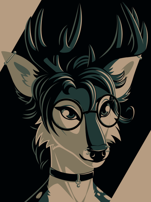 A vector portrait of an anthro deer, drawn in flat colors: black, dark green, medium green, greenish-tan, and tan