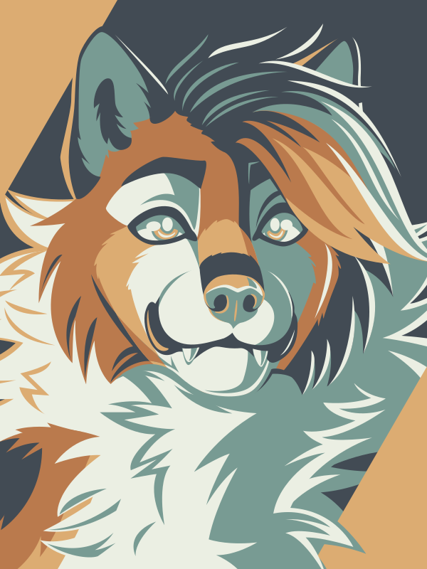 A vector portrait of an anthro wolf-fox hybrid, drawn in flat colors: dark blue, dark teal, yellow, orange, and white