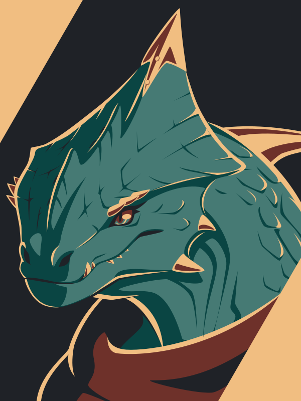 A vector portrait of a crested anthro reptile, drawn in flat colors: black, dark teal, teal, dark red, and gold