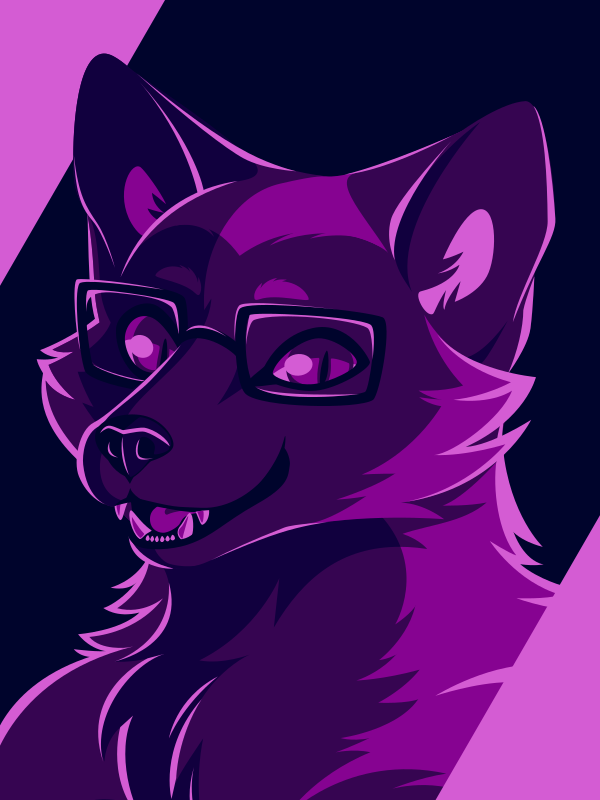 A vector portrait of an anthro silver fox, drawn in flat colors: black, and four shades of vivid purple