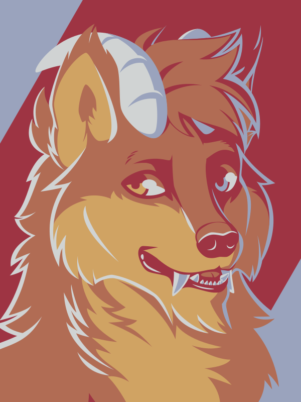 A vector portrait of an anthro wolf-dragon, drawn in flat colors: red, orange, yellow, dusty blue, and white