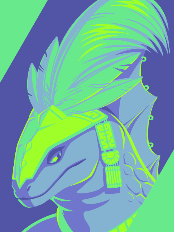 A vector portrait of an anthro reptile wearing a splendid headdress, drawn in flat colors: dark purple, medium purple, medium blue, and two bright greens