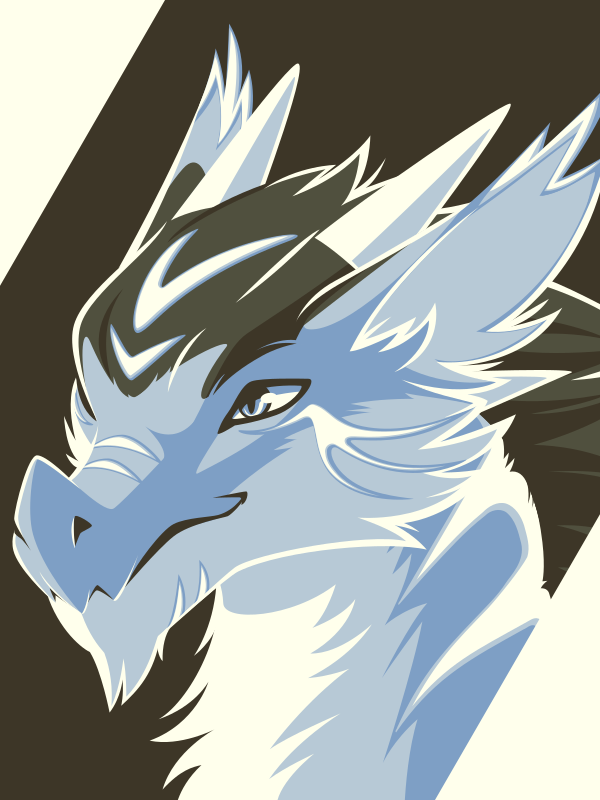A vector portrait of a dragon with glowing markings, drawn in flat colors: two shades of dark gray, two shades of light blue, and white