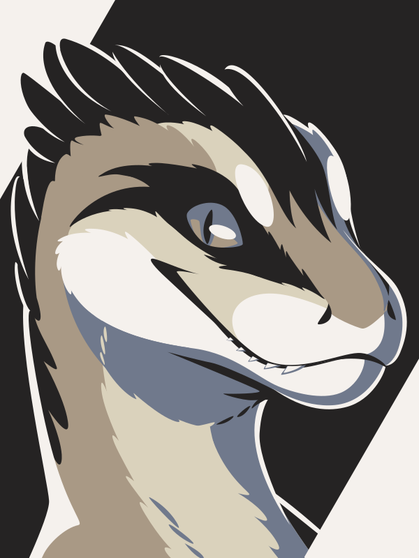 A vector portrait of an anthro utahraptor, drawn in flat colors: tan, off white, bright white, gray, and black