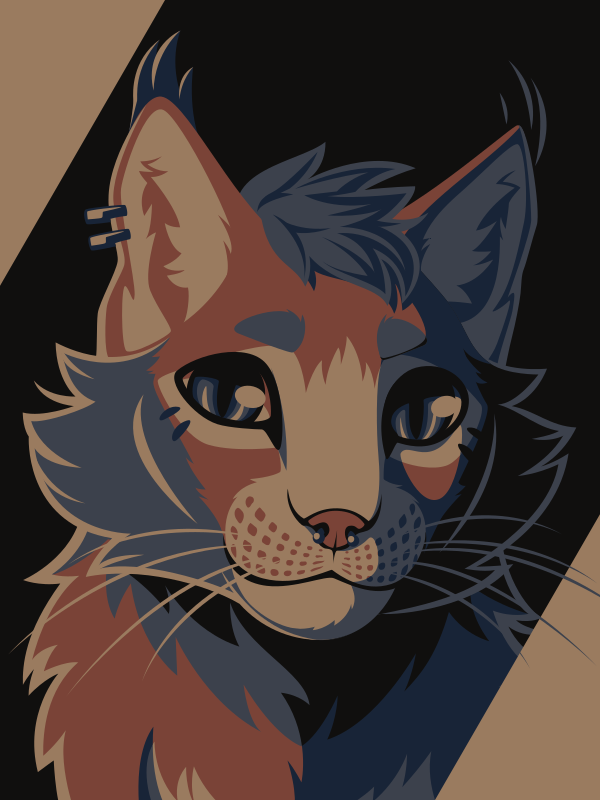 A vector portrait of an anthro lynx, drawn in flat colors: black, dark blue, medium-dark blue, red, and tan