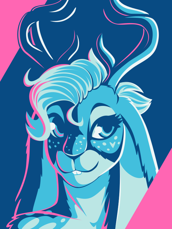 A vector portrait of an anthro jackalope, drawn in flat colors: dark blue, sky blue, light blue, white, and bright pink