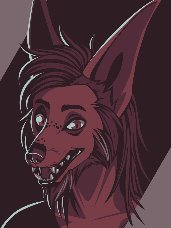 A vector portrait of an anthro fox-like hellhound with a beard, drawn in flat colors: three shades of dull red, warm gray, and cool white