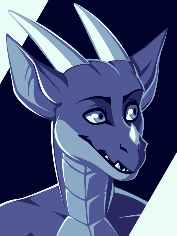 A vector portrait of an anthro dragon, drawn in flat colors: black, dark purple, medium purple, gray-blue, and cool white