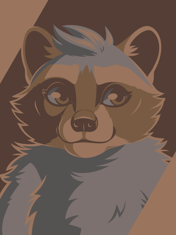A vector portrait of an anthro raccoon, drawn in flat colors: three shades of brown, and two shades of gray