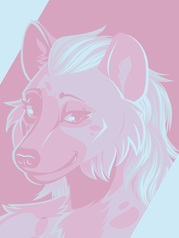 A vector portrait of an anthro hyena, drawn in flat colors: low-contrast shades of dull pinks, purples, and blue