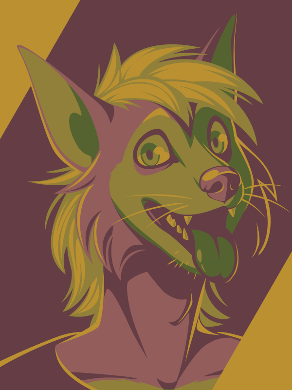 A vector portrait of an anthro unspecified toony canine with his tongue hanging out, drawn in flat colors: dark dull red, medium dull red, green, yellow-green, and yellow