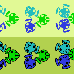 A collection of logos, all featuring three ant faces in a triangular arrangement. One set has flat colors on a light green background, and the other set includes black outlines and is on a darker background. Each ant head is a different color: teal, green, and blue.