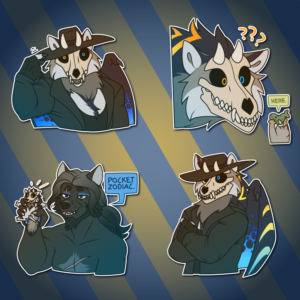 A collection of Telegram stickers of a wolf-dragon monster with a skull for a face. In them, they're anthro and dressed as the wrestler The Undertaker, tipping their hat; stare in confusion as a tiny pallas cat presents a fish-shaped plushie and says "here." matter-of-factly; is feral and tiny, held up in a bander's hold by an anthro wolf stating "pocket Zodiac."; and appears as an anthro dressed as The Undertaker with crossed arms and an unreadable stare.