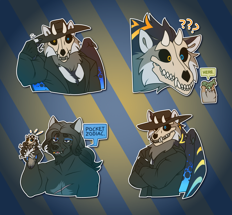 A collection of Telegram stickers of a wolf-dragon monster with a skull for a face. In them, they're anthro and dressed as the wrestler The Undertaker, tipping their hat; stare in confusion as a tiny pallas cat presents a fish-shaped plushie and says "here." matter-of-factly; is feral and tiny, held up in a bander's hold by an anthro wolf stating "pocket Zodiac."; and appears as an anthro dressed as The Undertaker with crossed arms and an unreadable stare.