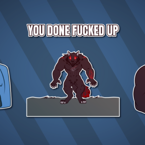 A collection of Telegram stickers of a scarred and grizzled anthro wolf. In them, sleeps soundly in a bed; stands in the distance in a much larger and more powerful form, with the text "you done fucked up"; and smiles menacingly in this form with his arms crossed.
