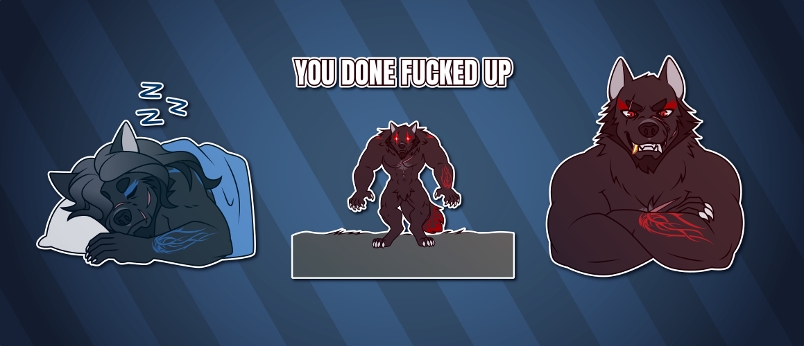 A collection of Telegram stickers of a scarred and grizzled anthro wolf. In them, sleeps soundly in a bed; stands in the distance in a much larger and more powerful form, with the text "you done fucked up"; and smiles menacingly in this form with his arms crossed.