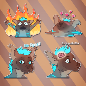 A collection of Telegram stickers of an anthro otter/hyena hybrid. In them, he appears muppet-like before rising flames like the "Elmo in hell" meme; melts into a puddle surrounded by hearts; looks blankly at nothing with the text "no signal!" behind him; and looks intently at something as a label reading "neuron activation" points to his brain.