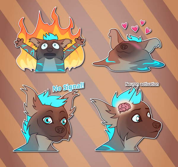 A collection of Telegram stickers of an anthro otter/hyena hybrid. In them, he appears muppet-like before rising flames like the "Elmo in hell" meme; melts into a puddle surrounded by hearts; looks blankly at nothing with the text "no signal!" behind him; and looks intently at something as a label reading "neuron activation" points to his brain.