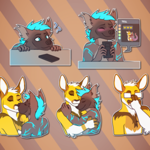 A collection of Telegram stickers of an anthro otter/hyena hybrid (Flash) and an anthro kangaroo (Tell). In them, Flash peers eagerly at a phone sitting on a table, waiting; Flash blushes and holds the phone close, with the screen showing an affectionate Telegram chat with Tell; Flash and Tell kiss one another on the lips; Flash and Tell embrace one another; and Tell menacingly pushes up a pair of glasses he's wearing.