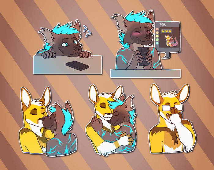 A collection of Telegram stickers of an anthro otter/hyena hybrid (Flash) and an anthro kangaroo (Tell). In them, Flash peers eagerly at a phone sitting on a table, waiting; Flash blushes and holds the phone close, with the screen showing an affectionate Telegram chat with Tell; Flash and Tell kiss one another on the lips; Flash and Tell embrace one another; and Tell menacingly pushes up a pair of glasses he's wearing.
