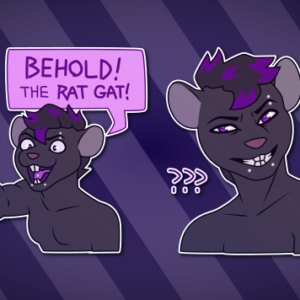 A collection of Telegram stickers of an anthro rat. In them, he points a gun at the viewer and shouts "Behold! The rat gat!"; and looks confused and mildly offended with question marks around his head.