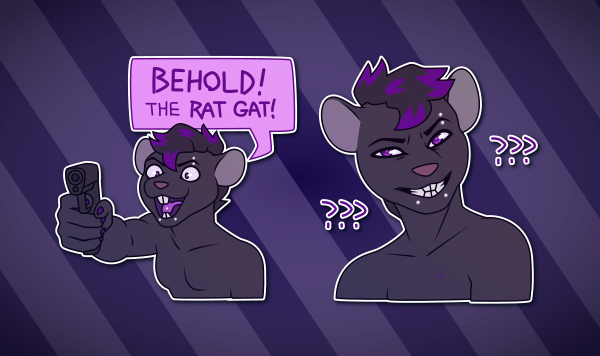 A collection of Telegram stickers of an anthro rat. In them, he points a gun at the viewer and shouts "Behold! The rat gat!"; and looks confused and mildly offended with question marks around his head.