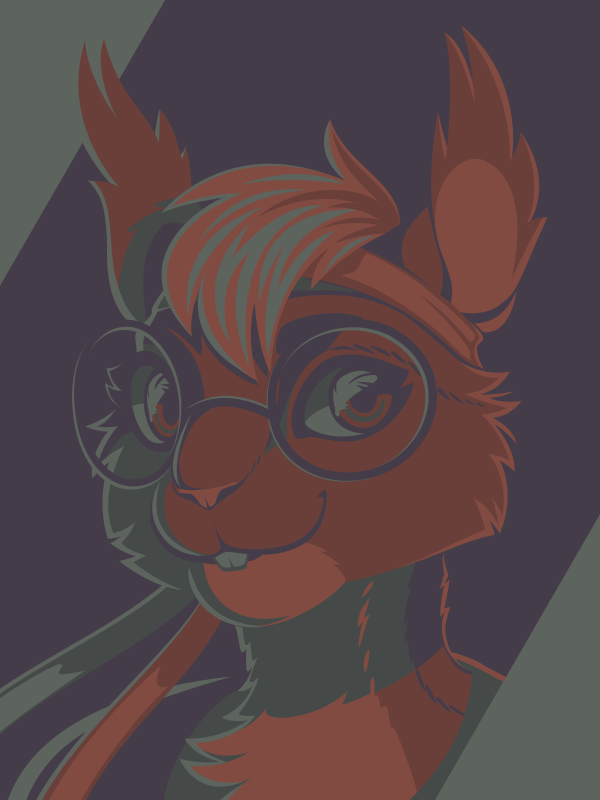 A vector portrait of an anthro squirrel wearing large glasses, drawn in flat colors: dark purple, dark red, light red, dark teal, and light teal